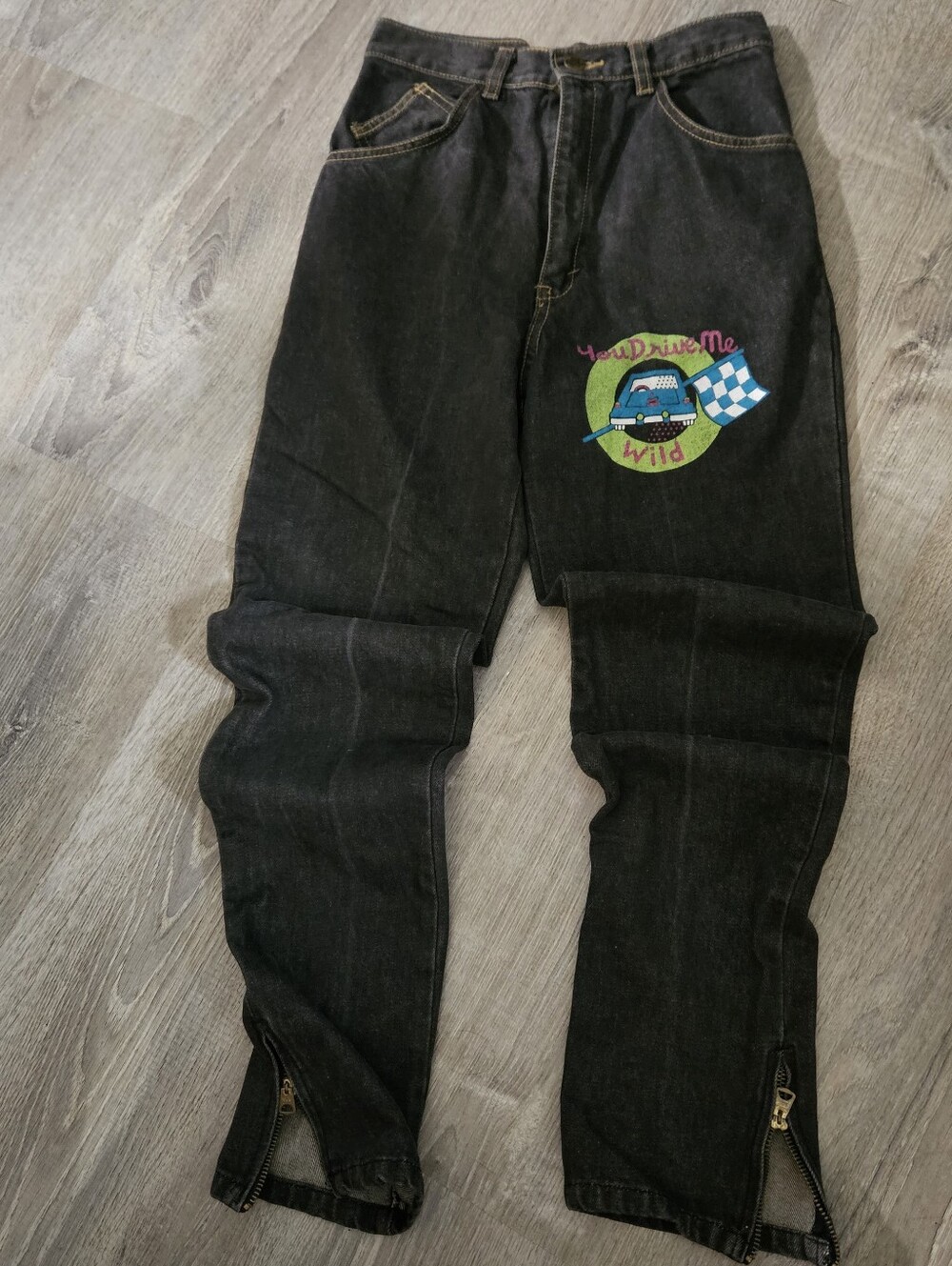 Vtg 80s JET SET Black High Waisted Jeans w/ Ankle Zippers & Car Patch
